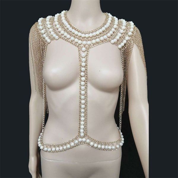 

luxurious imitation pearl hollow body chain necklace bra chain beads bikini metal pearl tassel body chain t200507, Slivery;golden