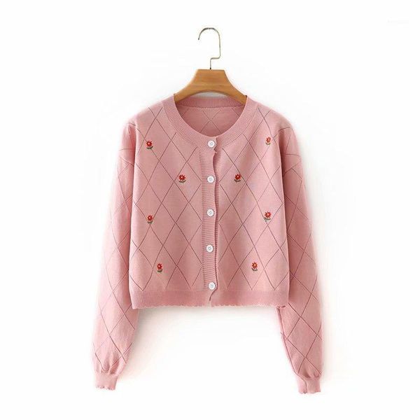 

embroidered diamond check cardigan sweater1, White