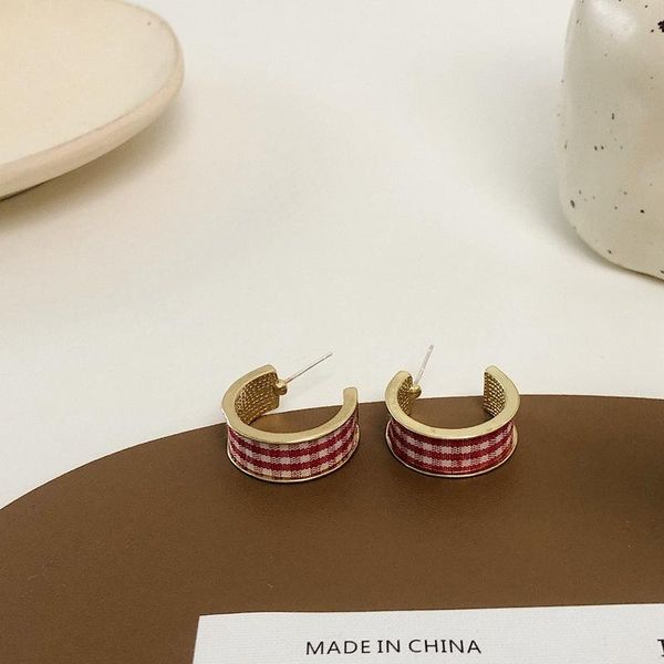 

hoop & huggie timeonly korean fashion red color cloth lattice earring for women c shape korea style charms anniversary jewelry, Golden;silver