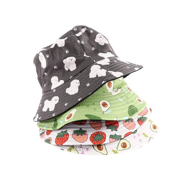 

wide brim hats fruit strawberry bucket for girls women two side reversible fisherman hat panama bob summer sun, Blue;gray