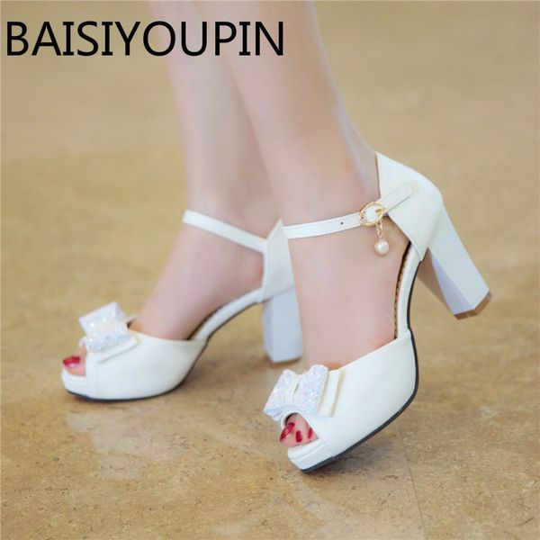 

women sweet bow pendant high heels sandals female thick heel paltform a word buckle fish mouth sandals small big size 32 42 43 y200702, Black