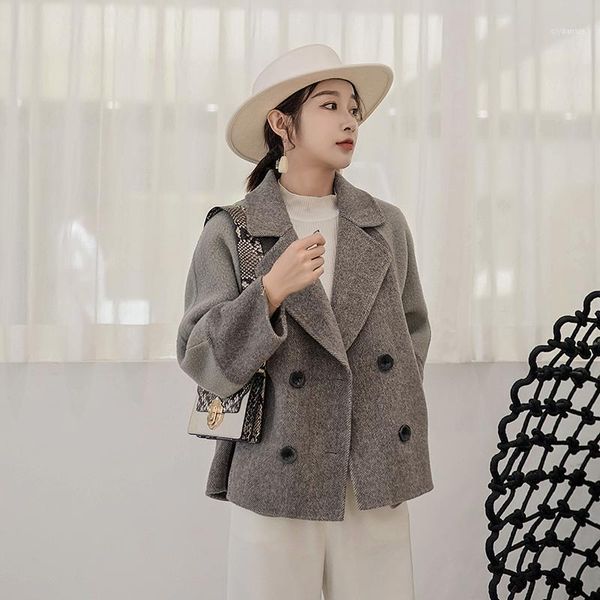 

double breasted wool coat women short alpaca oversized coat korean wool jacket spring autumn handmade overcoat zhj5055 kj406211, Black