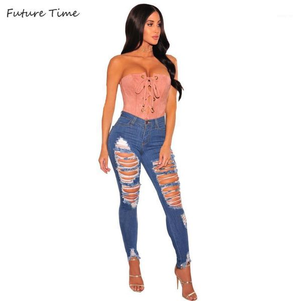 

ripped hole jeans casual elastic bodycon slim skinny pencil pants high waist blue denim trousers 2020 spring and summer c21291