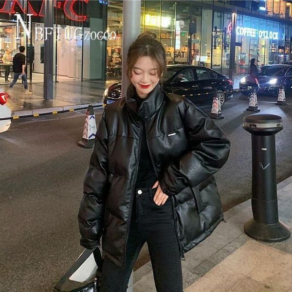 

black pu leather stand collar women windproof parkas korean hipster female coat1