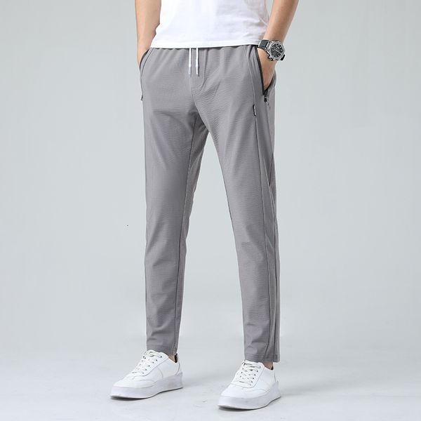 

sportswear summer thin striped quick drying ice silk casual trousers large men's elastic zipper pants, Black
