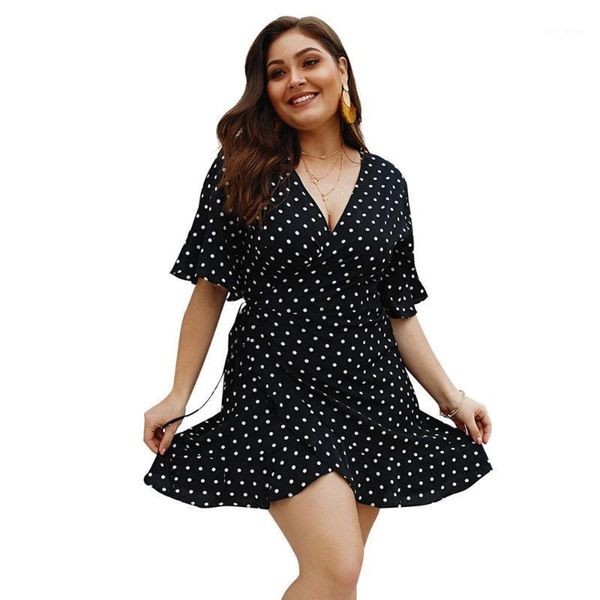 

black short flare sleeve high waist loose plus size 3xl 4xl dress women vestidos casual summer dot lace up deep v-neck dress20201, Black;gray