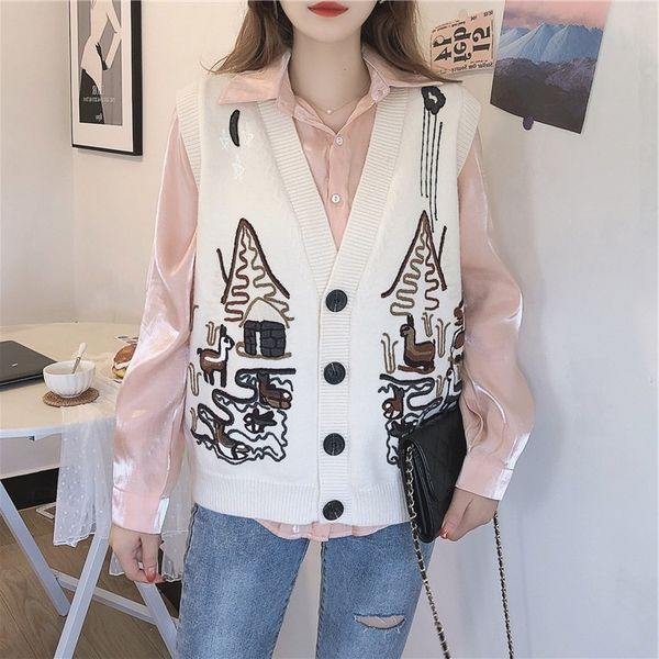 

2021 new female embroidered with neckline v nightgown fall casual temperament without sleeves cardigan vest jjpx, White;black