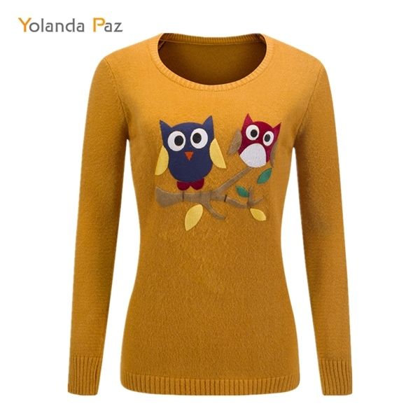 

yolanda paz new 2019 autumn winter female cartoon owl pattern long sleeves o-neck knitted pullover women sweater c1015, White;black