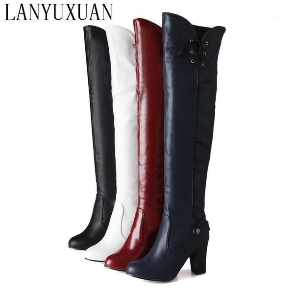 

botas mujer sale 2020 big size 34-43 women knee high boots chunky heels round toe spring autumn shoes less platform 70221, Black