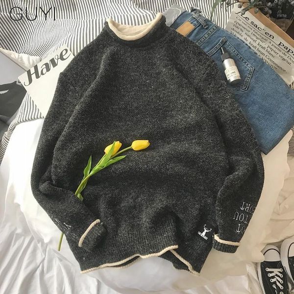 

knitted fake two piece thick half turtleneck sweater pullover men autumn winter couple embroidery casual fashion khaki 1, White;black