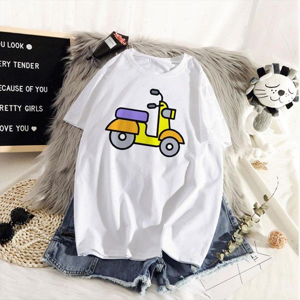 

summer casual women t shirts cartoon motorcycle and bicycle printed fashion clothing harajuku casual style female tee, White