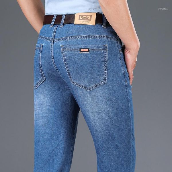 

new men's business casual jeans classic straight loose stretch trousers fashion high waist slim solid color pants 2020 autumn1, Blue