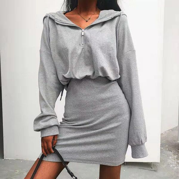 

2021 new women autumn zip up hooded sweatshirt winter female casual long sleeve slim hoodies es solid wrap hip skirt c4ag, Black;gray