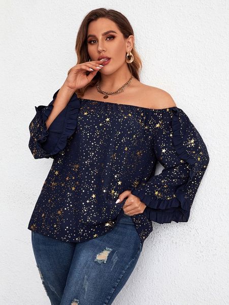 

plus gold star print off shoulder ruffle trim blouse w35j#, Black