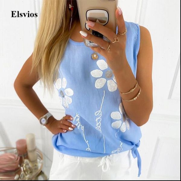 

summer o neck sleeveless blouse shirt 2021 women floral print blusa 2021 casual female bandage pullovers shirts streetwear, White