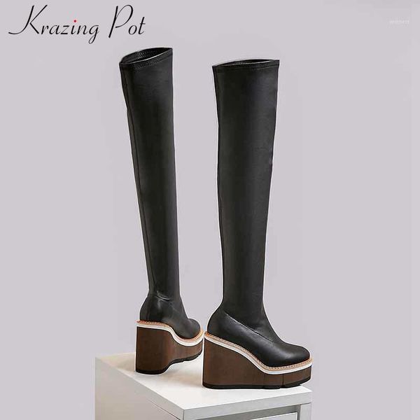 

krazing pot mixed colors wedges thick bottom stretch leather boots round toe waterproof winter women simple thigh high boots l171, Black