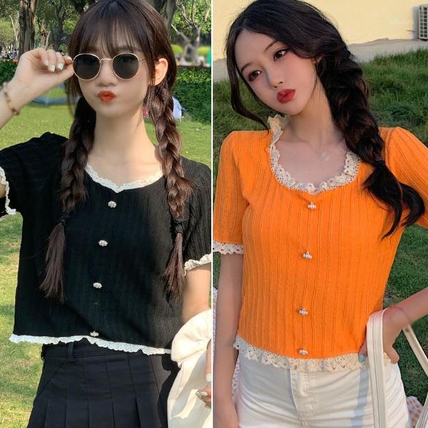 

summer retro lace side square collar knitted short t-shirt ladies short sleeve tshirt, White