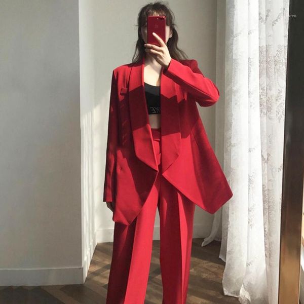 

high street red blazer suit female 2020 irregular long blazer jacket+zipper wide leg women pant spring casual two piece set1, White;black