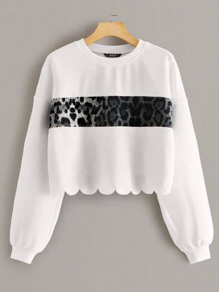 

leopard panel scalloped hem sweatshirt k4pc#, White;black