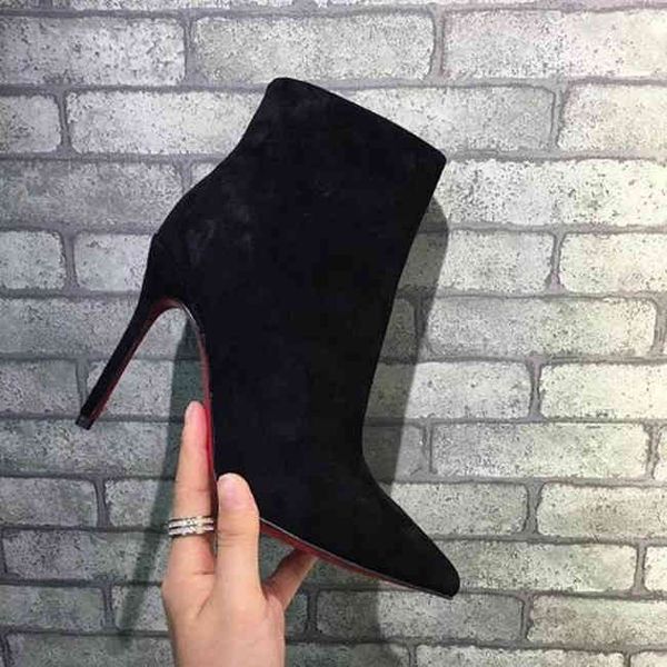 

stiletto winter fashion boot suede leather pointed toe booties red bottom lady peep women ankle boots party dress wedding, Black