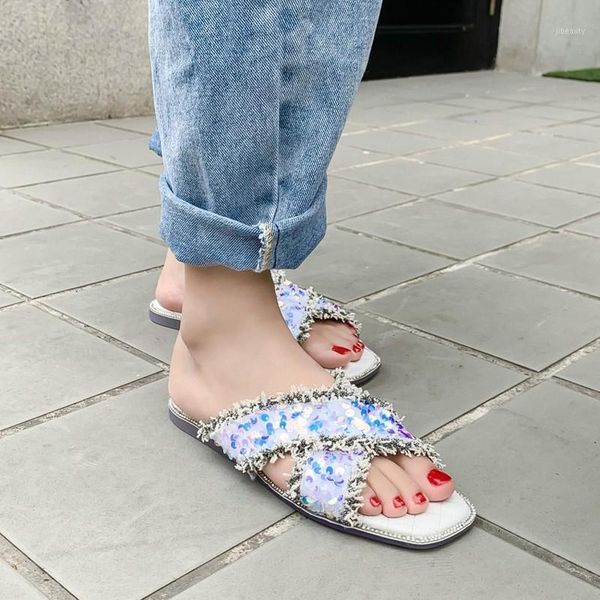 

spring and summer new style flat fashion outdoor open toe sequins women's sandals comfortable beach slippers plus size 34-461, Black