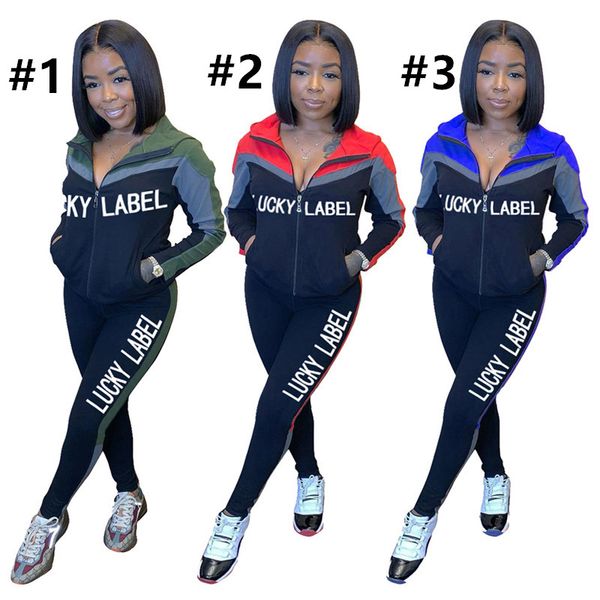 

women designers clothes lucky label letter solid color hooded long sleeve zipper jacket pants leggings sports suit two piece outfits d102803, White