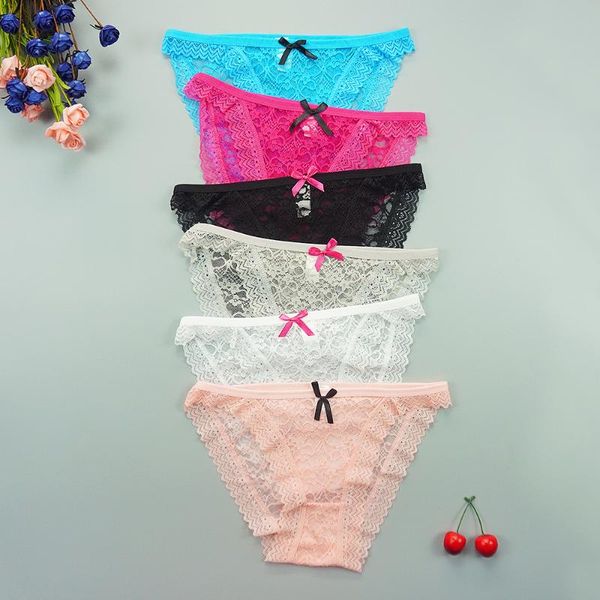 

6pcs/lots lace women's panties see through thongs panty hollow out erotica intimates lingerie low waist underwear, Black;pink