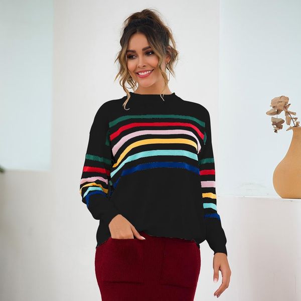 

minboutique fashion girl rainbow sweaters pullover slim knitted pullover o neck autumn winter knitwear ladies womens drop shipping, White;black