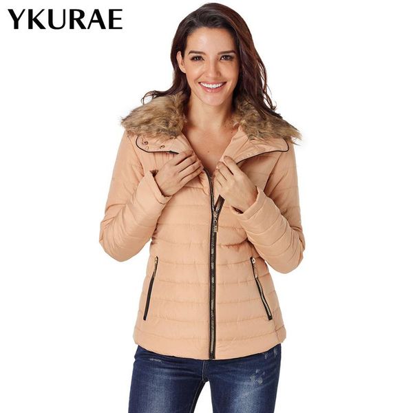 

women's coats fleece winter coat slim women parkas female solid outwear casual streetwear punk jackets fur collar eu size fl155, Black