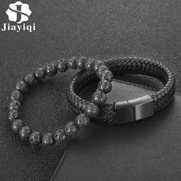 

beaded, strands 2pcs/set fashion bracelets natural lava stone beaded leather men bracelet wholesale punk hiphop male bangle jewelry party gi, Black