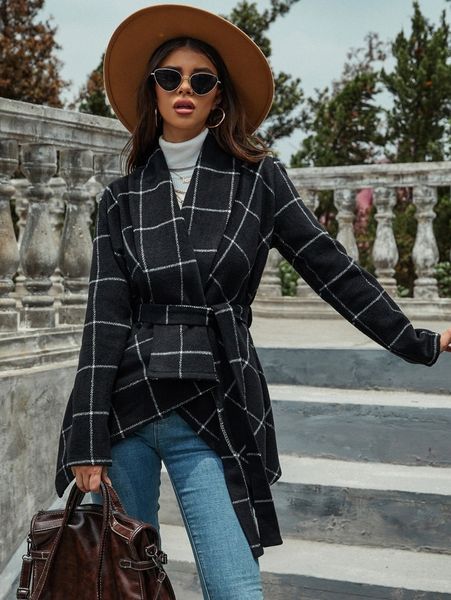 

plaid pattern waterfall collar belted overcoat u9ex#, Black
