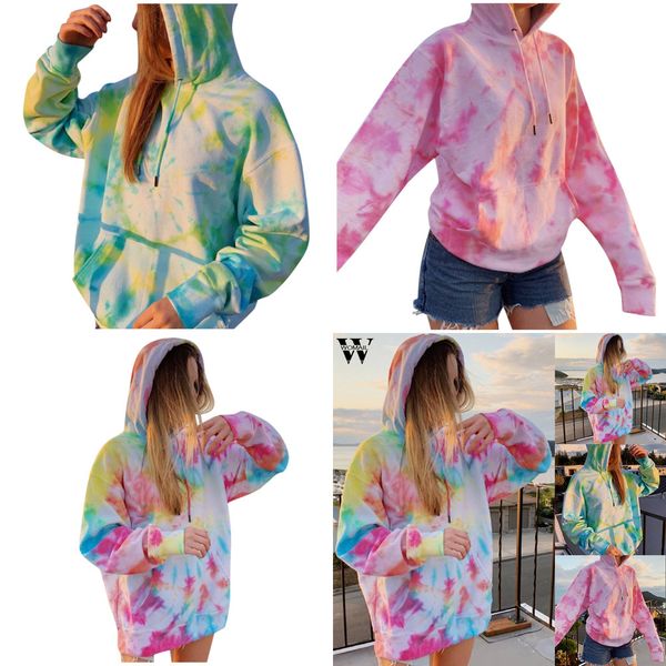 

hoodies fashion tie dye print sweatshirt pocket long sleeve autumn oversized women street harajuku hoodie q0105, Black