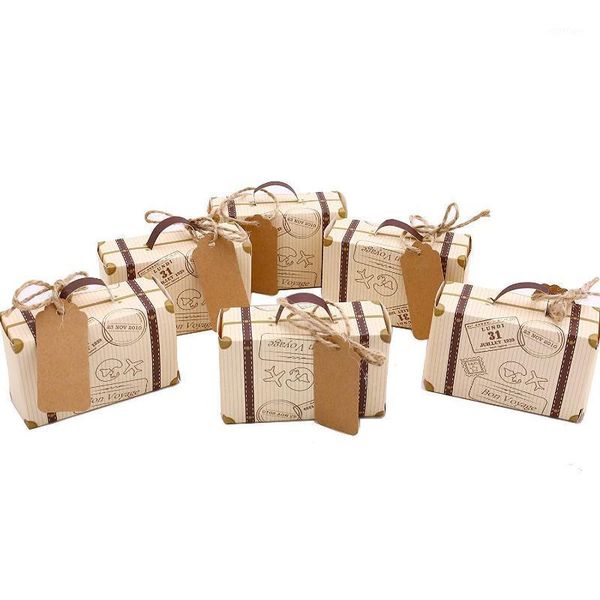 

cnim 50pcs suitcase favor box party favor candy box mini , vintage kraft paper with tags and rope for wedding/travel themed1