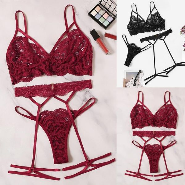 

bras sets lingerie women lace bra hollow thong garter sleepwear black set s-xl american clothing, Red;black