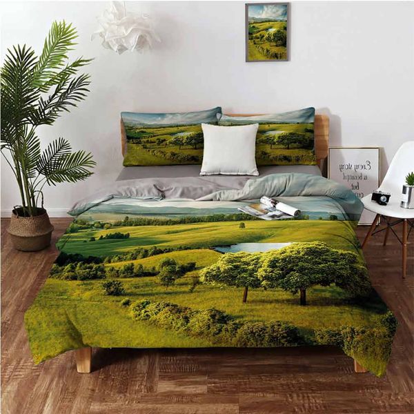 

scenic scenery hilly landscape with lake and blue cloudy sky trees meadow countrysidebedding 3-piece set