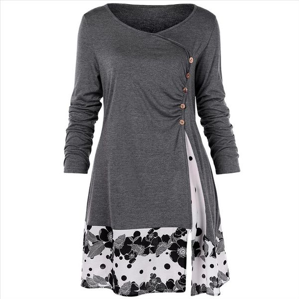 

plus size 5xl draped floral long tunic shirts long sleeve o neck buttons embellished women blouse spring casual tee, White