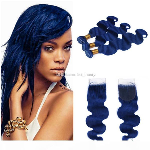 

dark blue bundles with closure body wave wavy human hair bundles with closure midnight blue brazilian virgin hair bundle deals with closure, Black