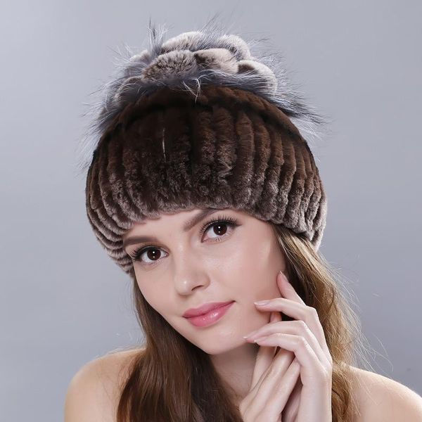 Причинная Winter Fur Beanie Hat для женщин Real с меховой Pom РОМ цветок ручной работы вязаные шапочки теплую шапку Шляпы