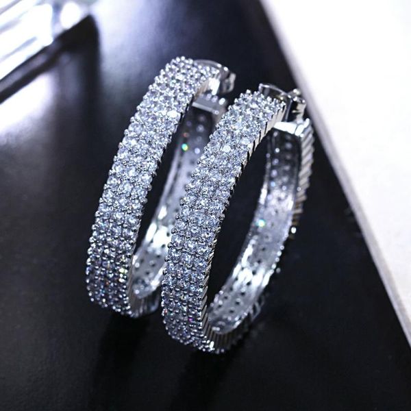 

classic ear hoops round shape full pave setting cubic stones zirconia women bride jewelry gold color designer earring hoops, Golden;silver