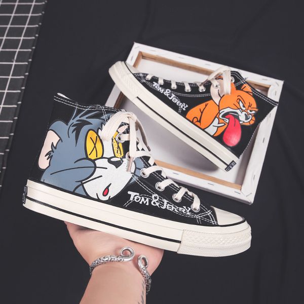 

large size women canvas shoes new arrivel high lace-up vulcanized shoes tom&jerry print female sneakers women flat footwear 1020, Black;white