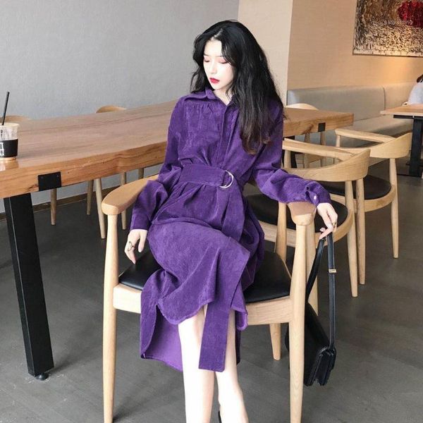

2021 autumn winter women corduroy purple dress korean style solid color one piece long dress chic slim fit long sleeve vestidos1, Black;gray