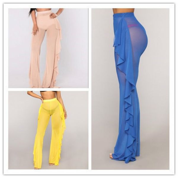 

women's pants in 9 colors solid color ruffle mesh perspective trousers mid waist thin elastic belt pants, Black;white