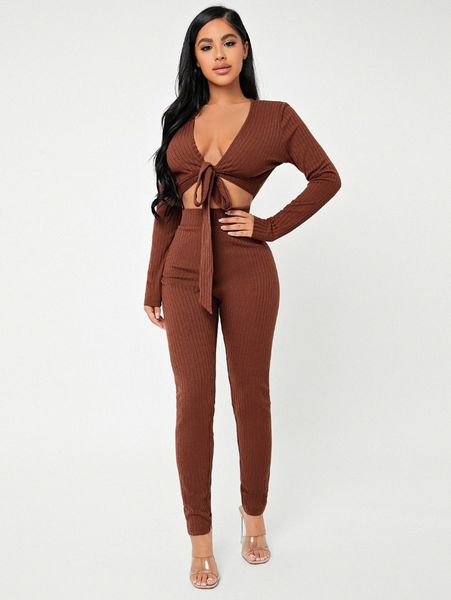 

sxy tie front rib-knit crop & leggings set 71hp#, White