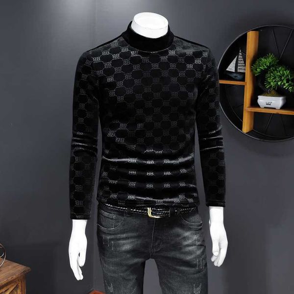 

2020 autumn and winter high collar plus velvet thick long-sleeved t-shirt men's gold velvet warm letter jacquard bottoming shirt tide, White;black