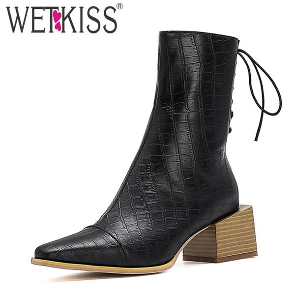 

wetkiss chunky boots woman lace up square toe ankle boots zip emboss pu leather short booties autumn winter shoes women big size, Black