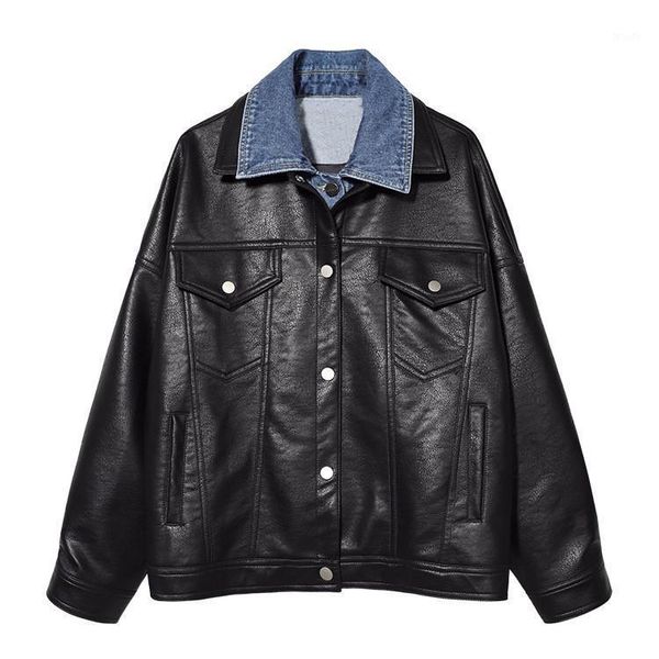 

new women pu leather coat denim patchwork jacket female loose punk moto bker pu coats streetwear1, Black