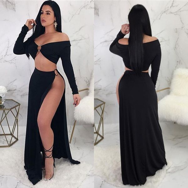 

off shoulder long sleeve maxi dress black high split evening long dresses nightclub wear stella two piece dresses vestidos, Black;gray