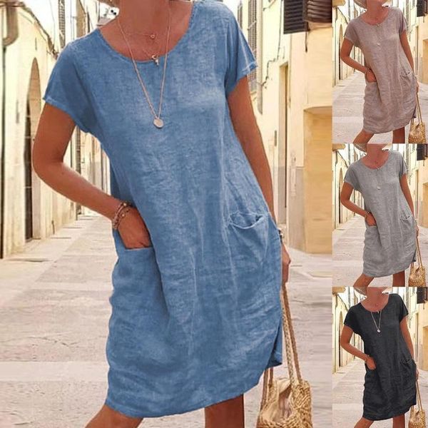 

womens short sleeve solid color cotton linen ladies summer dress oversize loose casual o neck pocket solid short dresses, Black;gray
