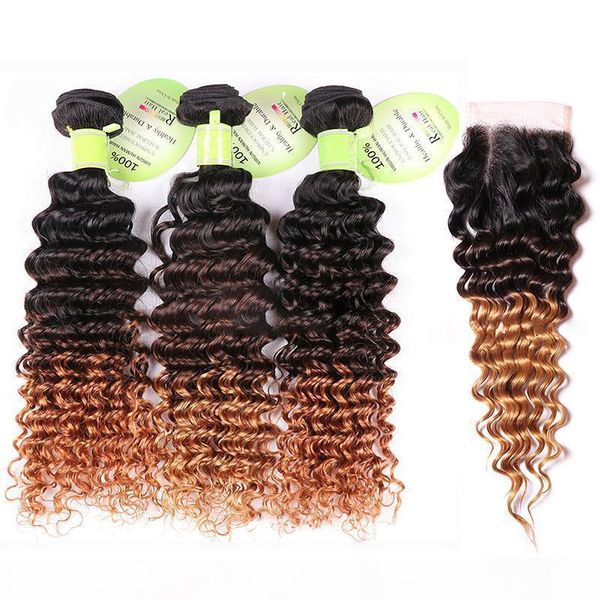 

deep wave human hair ombre weave 3 bundles with 4*4 lace closure 1b 4 27 three tone dark brown honey blonde hair extension, Black;brown