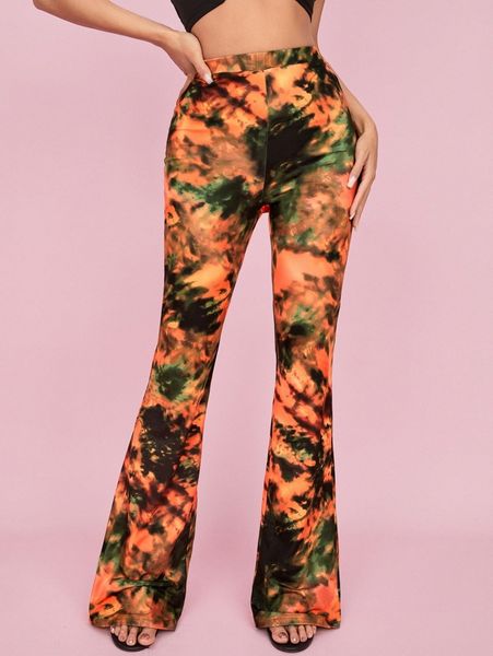 

tie dye print flare leg pants 01vs#, Black;white
